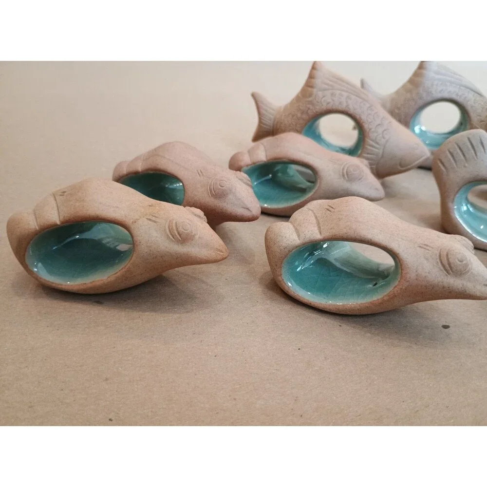 Central Napkin Rings 10 Pottery Glazed Interior Fish Frogs Duck Ornamental